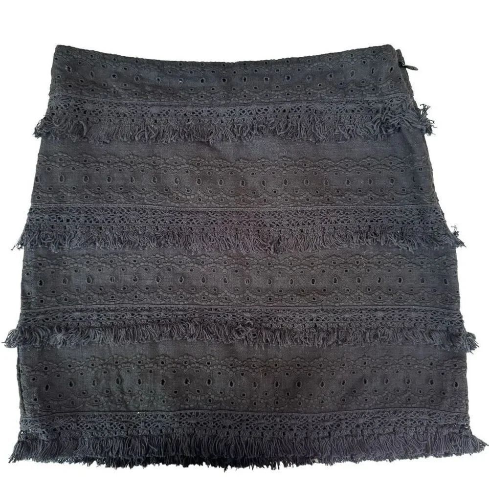 Anthropologie HD In Paris Womens Straight Skirt Black Eyelet Lace Linen Fringe 8